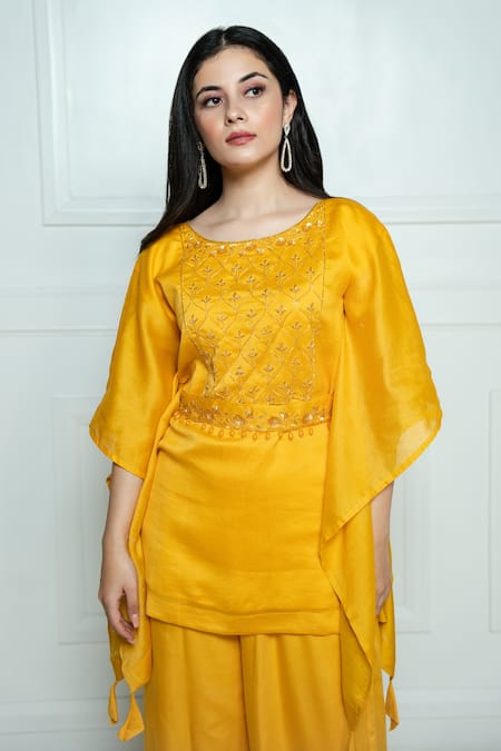 Buy_Ewaz_Yellow Chanderi, Modal Satin, Organza Detail Sequin, Embroidered Yoke Kaftan Set _Online_at_Aza_Fashions