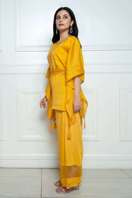 Shop_Ewaz_Yellow Chanderi, Modal Satin, Organza Detail Sequin, Embroidered Yoke Kaftan Set _Online_at_Aza_Fashions