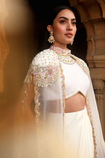 Buy Dheeru Taneja Ivory Chanderi, Crepe, Organza Sequins Naaz Sheer Long Cape And Draped Skirt Set Online at Aza Fashions Buy_Dheeru Taneja_Ivory Chanderi, Crepe, Organza Sequins Naaz Sheer Long Cape And Draped Skirt Set _Online_at_Aza_Fashions
