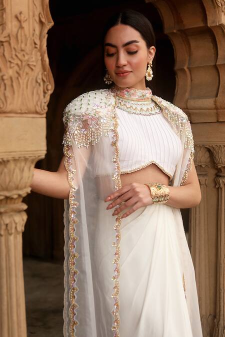 Dheeru Taneja Ivory Chanderi, Crepe, Organza Sequins Naaz Sheer Long Cape And Draped Skirt Set Online at Aza Fashions Dheeru Taneja_Ivory Chanderi, Crepe, Organza Sequins Naaz Sheer Long Cape And Draped Skirt Set _Online_at_Aza_Fashions