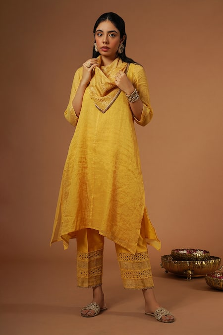 OMI Yellow Tissue, Chanderi Sequins Cowl Neck A-line Asymmetric Tunic And Pant Set Online at Aza Fashions OMI_Yellow Tissue, Chanderi Sequins Cowl Neck A-line Asymmetric Tunic And Pant Set _Online_at_Aza_Fashions