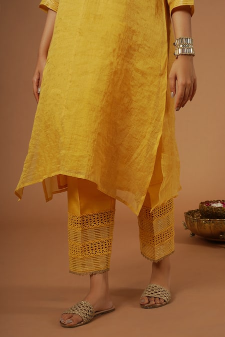Buy OMI Yellow Tissue, Chanderi Sequins Cowl Neck A-line Asymmetric Tunic And Pant Set Online at Aza Fashions Buy_OMI_Yellow Tissue, Chanderi Sequins Cowl Neck A-line Asymmetric Tunic And Pant Set _Online_at_Aza_Fashions