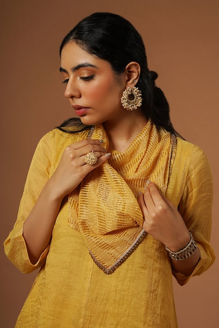 Shop OMI Yellow Tissue, Chanderi Sequins Cowl Neck A-line Asymmetric Tunic And Pant Set Online at Aza Fashions Shop_OMI_Yellow Tissue, Chanderi Sequins Cowl Neck A-line Asymmetric Tunic And Pant Set _Online_at_Aza_Fashions