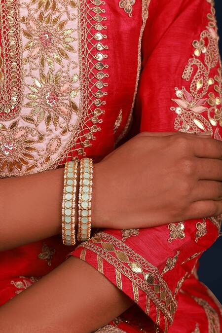 Namasya_Blue Lace, Pearls, Diamonds Kundan Studded Bangles - Set Of 2 _Online_at_Aza_Fashions