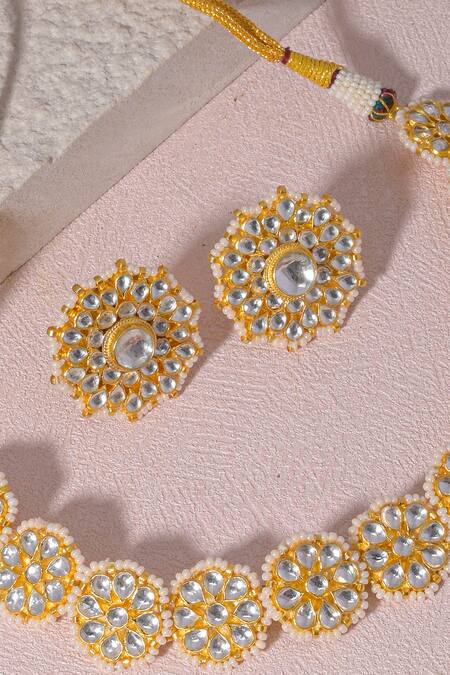 Namasya_White Pearls, Crystals Floral Kundan Embellished Choker Set _Online_at_Aza_Fashions