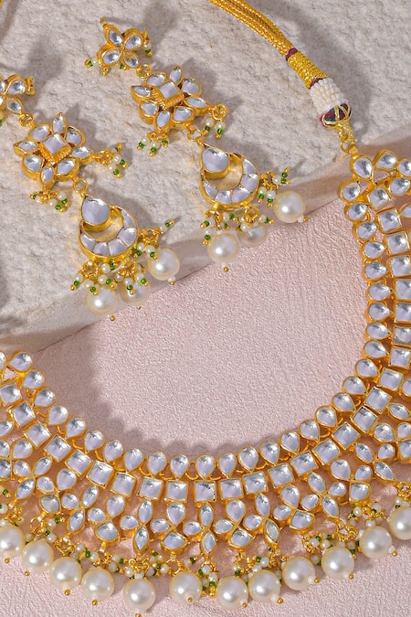 Namasya_White Pearls, Diamonds Kundan Embellished Necklace And Earrings Set _Online_at_Aza_Fashions