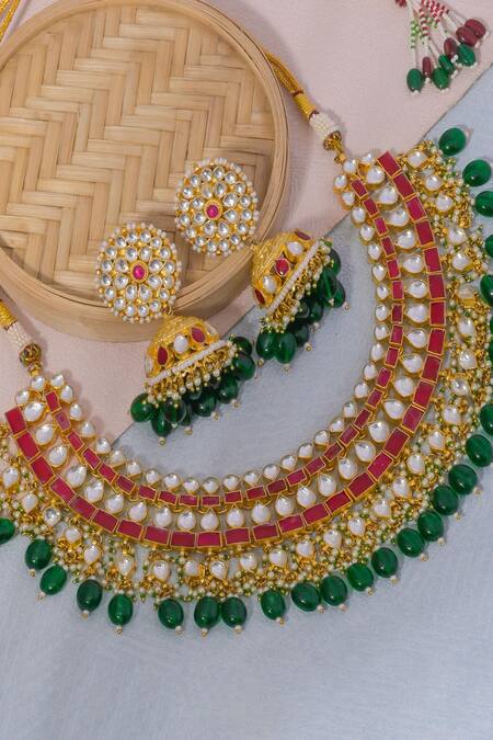 Namasya_Multi Color Pearls Geometric Pattern Choker Necklace Set _Online_at_Aza_Fashions