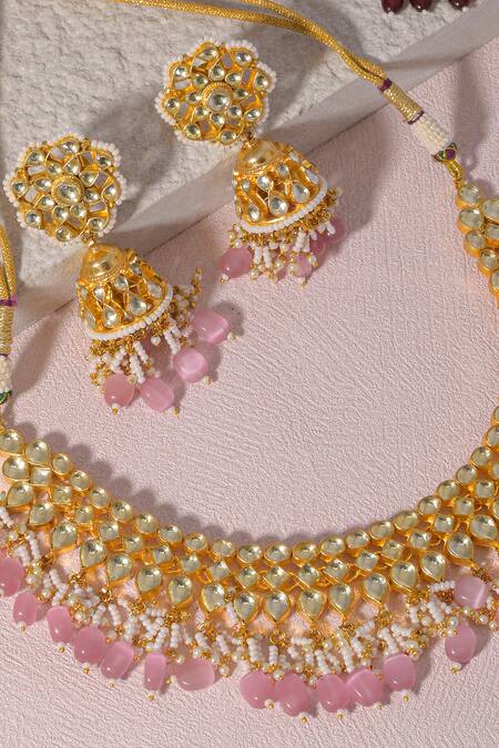 Namasya_White Diamonds, Stones Kundan Embellished Necklace And Jhumkas Set _Online_at_Aza_Fashions