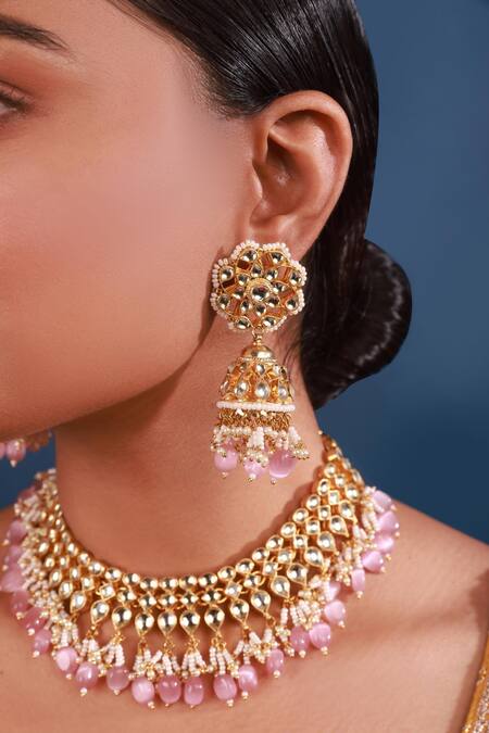 Buy_Namasya_White Diamonds, Stones Kundan Embellished Necklace And Jhumkas Set _Online_at_Aza_Fashions