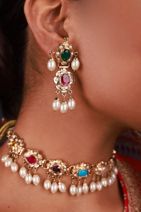 Buy_Namasya_Multi Color Gota Patti, Pearls Navratna Amritsari Jadau Embellished Choker Set _Online_at_Aza_Fashions