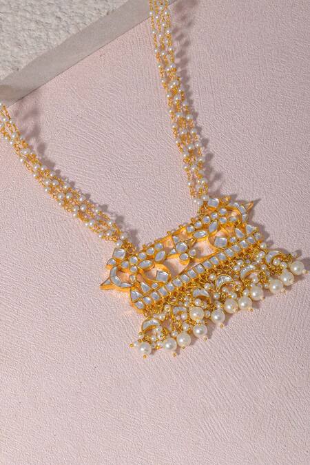 Namasya_White Kundan Embellished Long Pendant Necklace_Online_at_Aza_Fashions