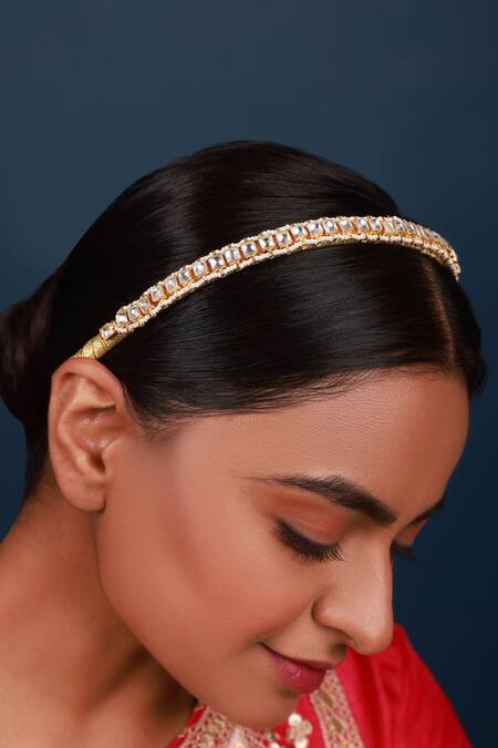 Buy_Namasya_White Beads, Rhinestones Kundan Polki Geometric Hairband _Online_at_Aza_Fashions
