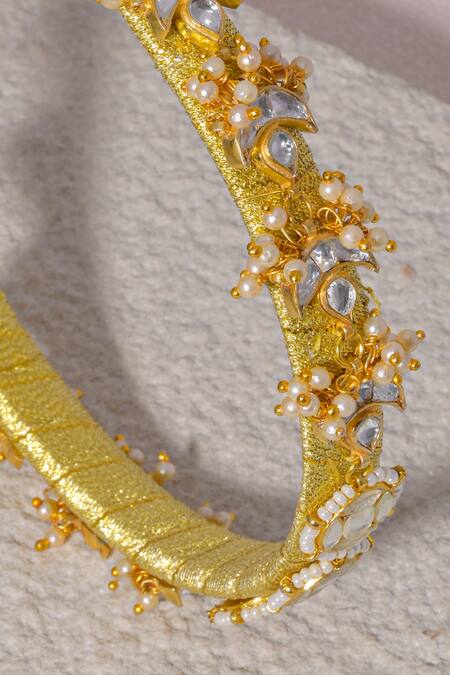 Namasya_Gold Embroidery Kundan And Pearl Embellished Hairband _Online_at_Aza_Fashions