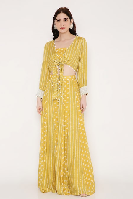 Bha Sha Yellow Muslin, Linen Beads, Sequins Open Neck Natasha Printed Skirt Bustier Set Online at Aza Fashions Bha Sha_Yellow Muslin, Linen Beads, Sequins Open Neck Natasha Printed Skirt Bustier Set _Online_at_Aza_Fashions