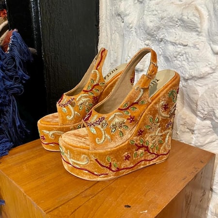 Buy_Tiesta_Yellow Embroidery Nazm Open Toe Wedges _Online_at_Aza_Fashions
