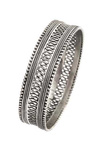 Noor_Silver Plated Rhinestones, Cut Work Oxidized Rawa Kada Bangle_Online_at_Aza_Fashions