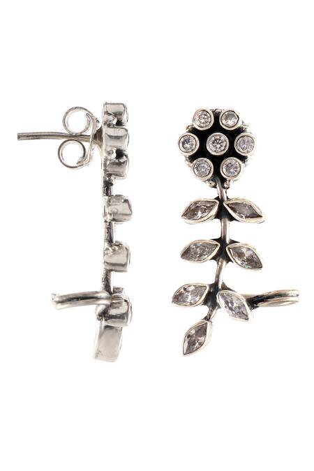Shop_Noor_Silver Plated Zari Floral And Leaf Carved Earrings_Online_at_Aza_Fashions