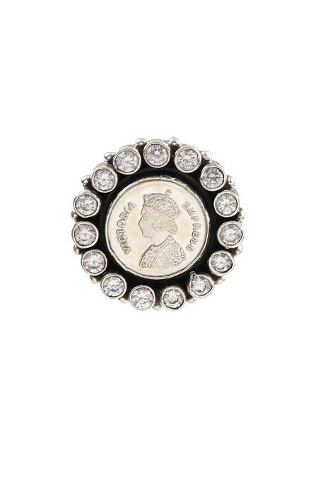 Noor_Silver Plated Embroidery Victoria Empress Coin Stud Earrings_Online_at_Aza_Fashions