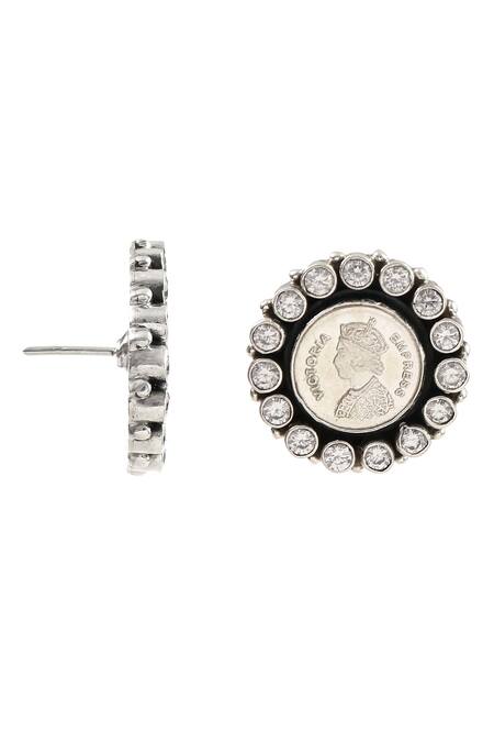 Buy_Noor_Silver Plated Embroidery Victoria Empress Coin Stud Earrings_Online_at_Aza_Fashions