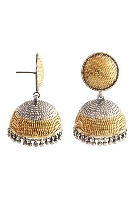Shop_Noor_Gold Plated Dual Tone Rawa Embellished Jhumkas _Online_at_Aza_Fashions