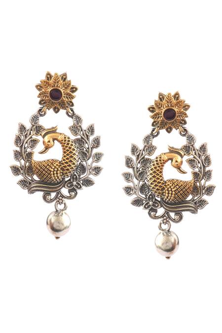 Noor_Gold Plated Embroidery Peacock Carved Dual Tone Earrings_Online_at_Aza_Fashions