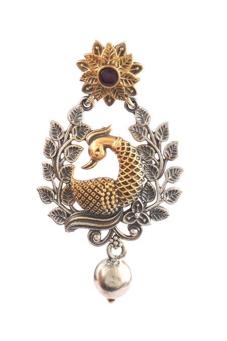 Buy_Noor_Gold Plated Embroidery Peacock Carved Dual Tone Earrings_Online_at_Aza_Fashions