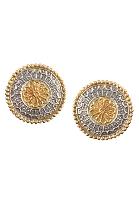 Noor_Gold Plated Embroidery Dual Tone Rawa Work Carved Earrings_Online_at_Aza_Fashions
