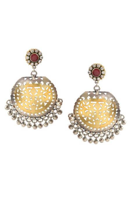 Noor_Silver Plated Embroidery, Cut Work Dual Tone Ghungroo Embellished Earrings_Online_at_Aza_Fashions
