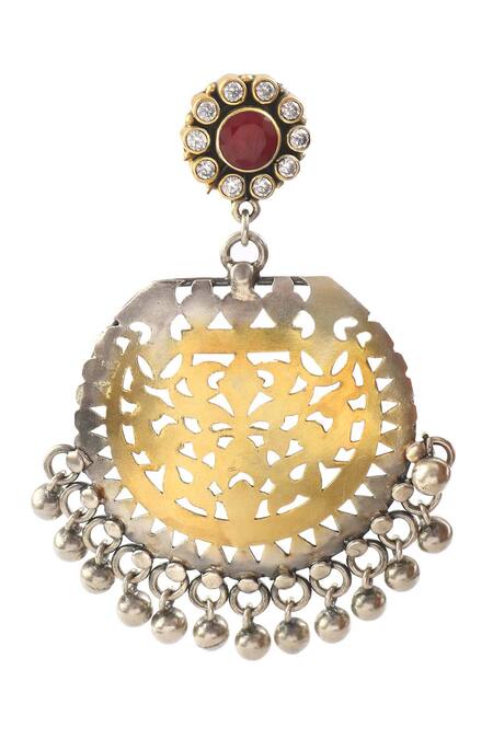 Buy_Noor_Silver Plated Embroidery, Cut Work Dual Tone Ghungroo Embellished Earrings_Online_at_Aza_Fashions