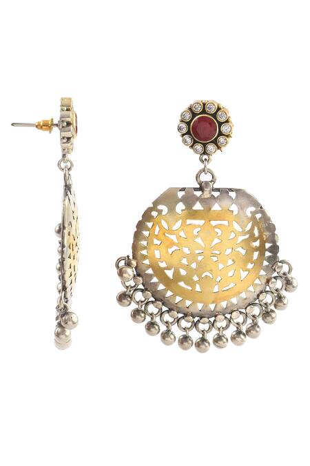 Shop_Noor_Silver Plated Embroidery, Cut Work Dual Tone Ghungroo Embellished Earrings_Online_at_Aza_Fashions