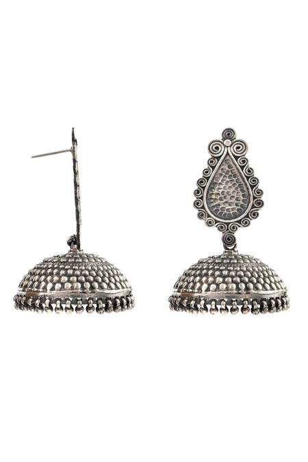 Shop_Noor_Silver Plated Gota Patti Tear-drop Oxidized Jhumki Earrings_Online_at_Aza_Fashions