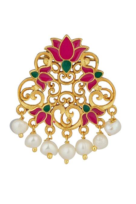 Zariin Pink Embroidery, Pearls Glory Lotus Dangler Earrings Online at Aza Fashions Zariin_Pink Embroidery, Pearls Glory Lotus Dangler Earrings _Online_at_Aza_Fashions