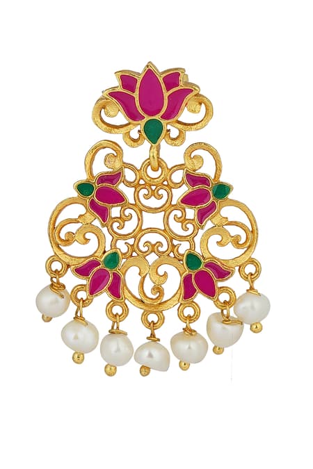 ZARIIN_Pink Embroidery, Pearls Mystic Lotus Dangler Earrings _Online_at_Aza_Fashions