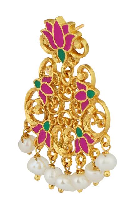 Buy_ZARIIN_Pink Embroidery, Pearls Mystic Lotus Dangler Earrings _Online_at_Aza_Fashions