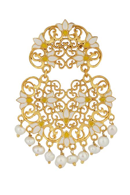 ZARIIN White Pearls Serene Lotus Earrings Online at Aza Fashions ZARIIN_White Pearls Serene Lotus Earrings _Online_at_Aza_Fashions