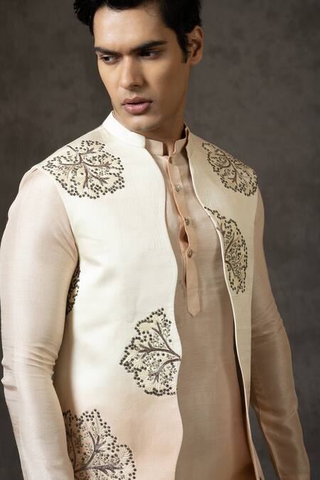 Shop PAARSH Cream Silk, Cotton Embroidery, Cut Work Cherry Blossom Bundi Set Online at Aza Fashions Shop_PAARSH_Cream Silk, Cotton Embroidery, Cut Work Cherry Blossom Bundi Set _Online_at_Aza_Fashions