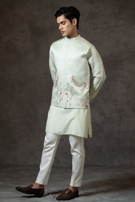 Buy PAARSH Green Linen, Satin, Cotton Embroidery Pichwai Bundi Set Online at Aza Fashions Buy_PAARSH_Green Linen, Satin, Cotton Embroidery Pichwai Bundi Set _Online_at_Aza_Fashions