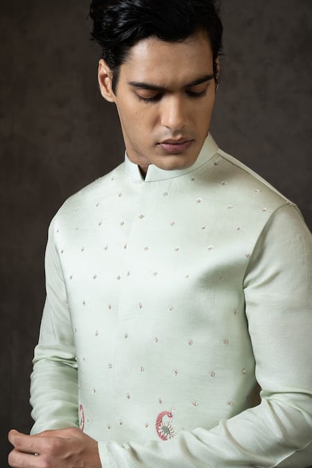 PAARSH Green Linen, Satin, Cotton Embroidery Pichwai Bundi Set at Aza Fashions PAARSH_Green Linen, Satin, Cotton Embroidery Pichwai Bundi Set _at_Aza_Fashions