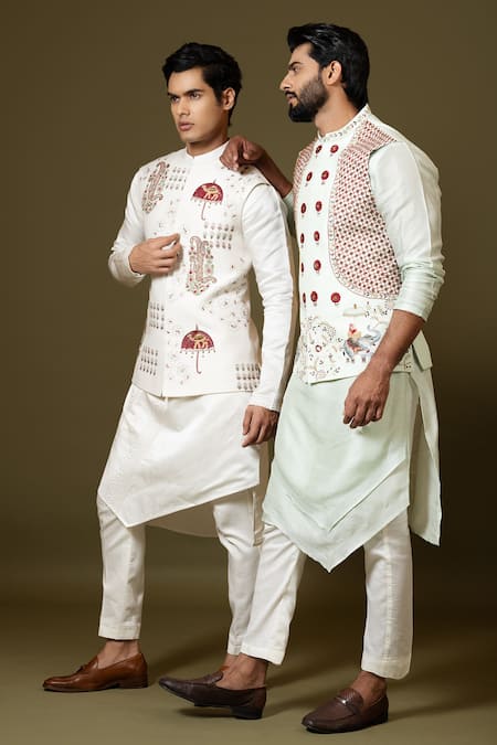 PAARSH_Green Bamboo, Silk, Cotton Embroidery, Zari Doli Bundi Kurta Set _Online_at_Aza_Fashions