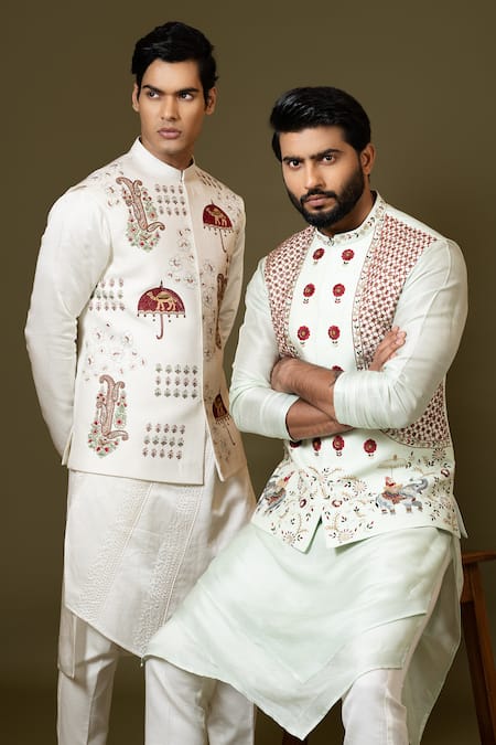 Buy_PAARSH_Green Bamboo, Silk, Cotton Embroidery, Zari Doli Bundi Kurta Set _Online_at_Aza_Fashions