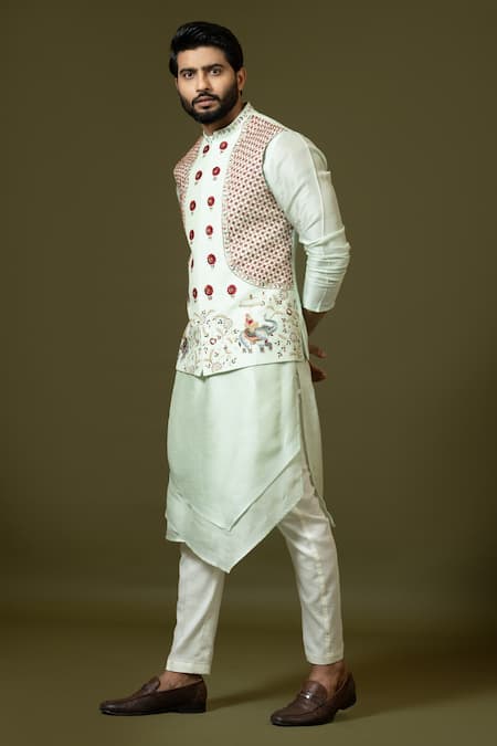 Shop_PAARSH_Green Bamboo, Silk, Cotton Embroidery, Zari Doli Bundi Kurta Set _Online_at_Aza_Fashions