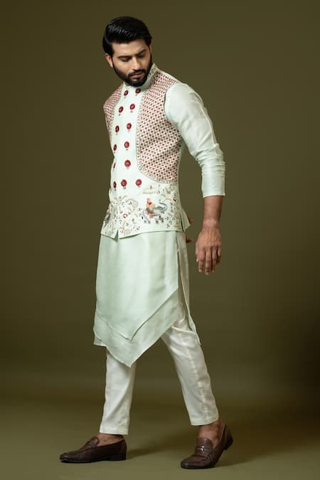 PAARSH_Green Bamboo, Silk, Cotton Embroidery, Zari Doli Bundi Kurta Set _at_Aza_Fashions