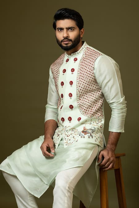 Buy_PAARSH_Green Bamboo, Silk, Cotton Embroidery, Zari Doli Bundi Kurta Set 