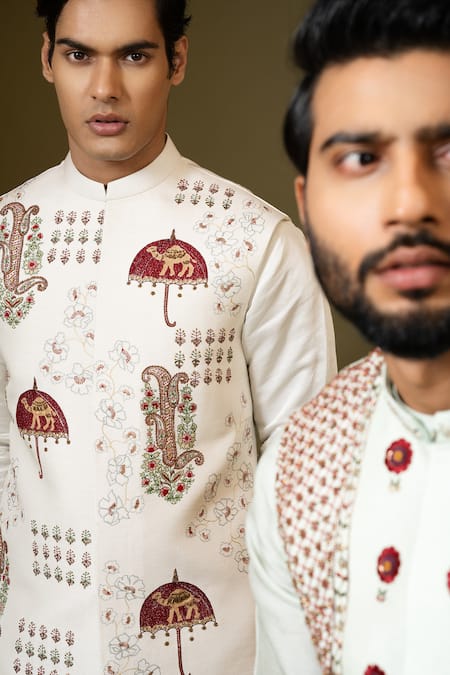 Shop PAARSH Ivory Cotton Embroidery Kashida Bundi Kurta Set Online at Aza Fashions Shop_PAARSH_Ivory Cotton Embroidery Kashida Bundi Kurta Set _Online_at_Aza_Fashions