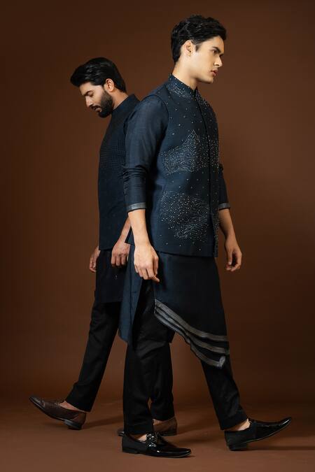 Paarsh_Blue Cotton Embroidery Chid Bundi Set _Online_at_Aza_Fashions