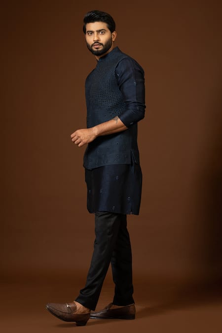 Shop_Paarsh_Blue Cotton Embroidery Chid Bundi Set _Online_at_Aza_Fashions