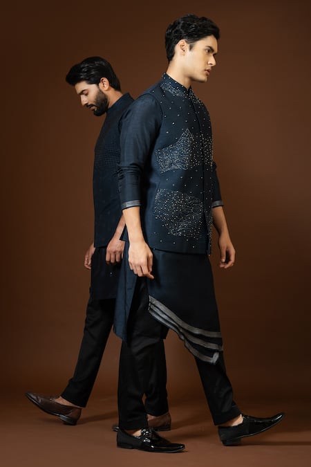 PAARSH_Blue Cotton Pearls, Embroidery, Cut Work Navy Bundi Kurta Set _Online_at_Aza_Fashions