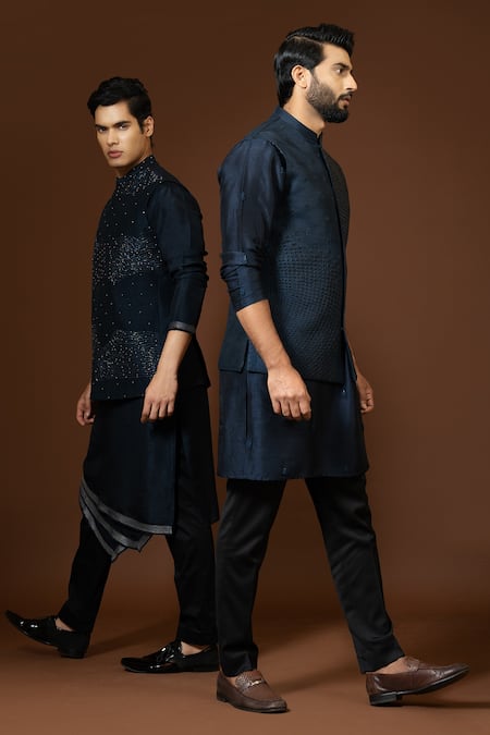 Buy_PAARSH_Blue Cotton Pearls, Embroidery, Cut Work Navy Bundi Kurta Set _Online_at_Aza_Fashions