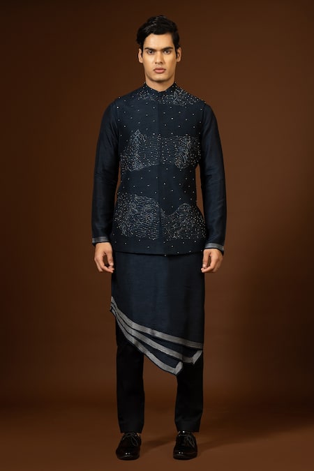 Shop_PAARSH_Blue Cotton Pearls, Embroidery, Cut Work Navy Bundi Kurta Set _Online_at_Aza_Fashions