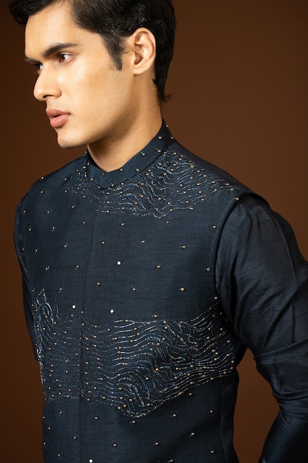 PAARSH_Blue Cotton Pearls, Embroidery, Cut Work Navy Bundi Kurta Set _at_Aza_Fashions